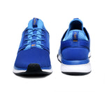 Front and back view on KURU Footwear ATOM Men's Athletic Sneaker in ClassicBlue-White-Marigold