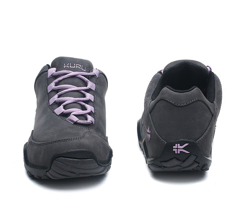 Front and back view on KURU Footwear CHICANE WIDE Women's Trail Hiking Shoe in SmokeGray-JetBlack-Violet