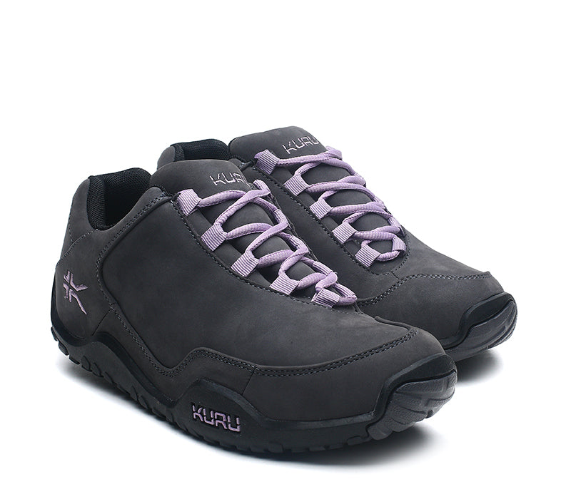 Side by side view of KURU Footwear CHICANE WIDE Women's Trail Hiking Shoe in SmokeGray-JetBlack-Violet