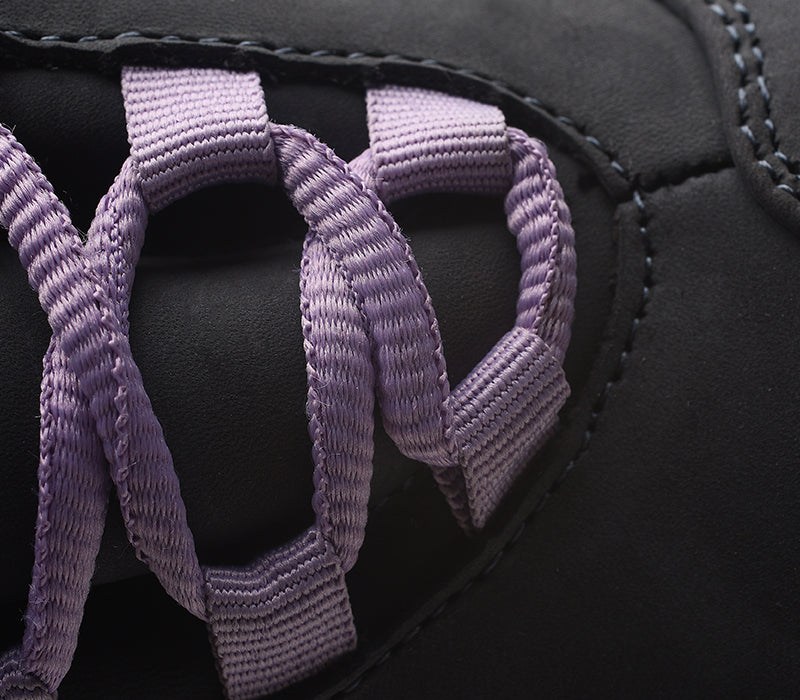 Close-up of the material on the KURU Footwear CHICANE WIDE Women's Trail Hiking Shoe in SmokeGray-JetBlack-Violet