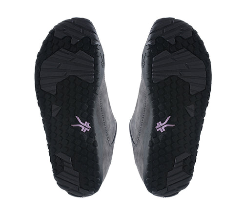 Detail of the sole pattern on the KURU Footwear CHICANE WIDE Women's Trail Hiking Shoe in SmokeGray-JetBlack-Violet