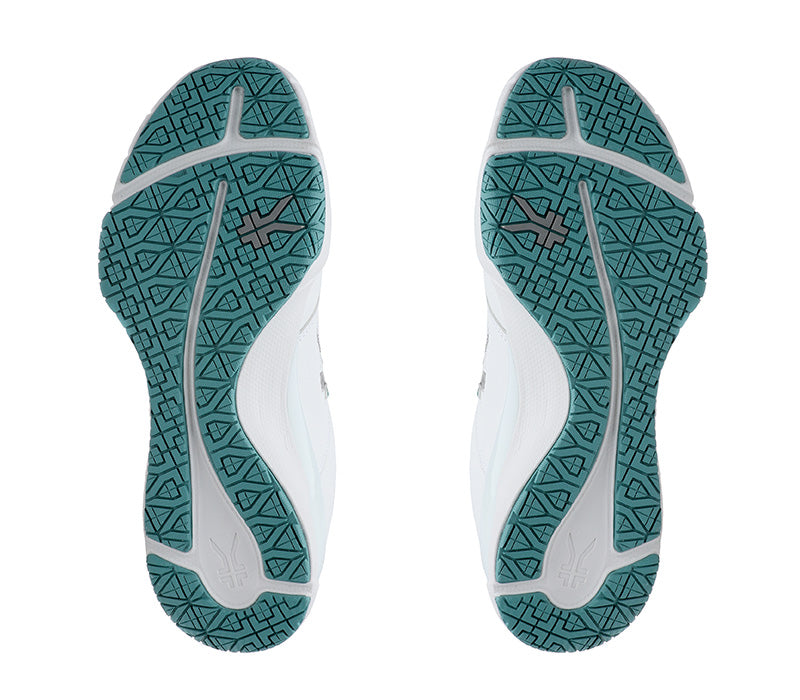 Detail of the sole pattern on the KURU Footwear KINETIC Women's Anti-Slip Sneaker in BrightWhite-TealMist