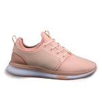 Outside profile details on the KURU Footwear ATOM Women's Athletic Sneaker in PinkSand-White-ClayPink