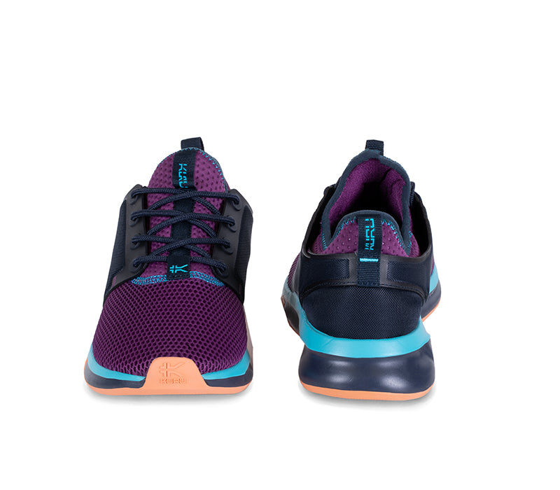 Front and back view on KURU Footwear ATOM Women's Athletic Sneaker in ElectricGrape-MidnightBlue