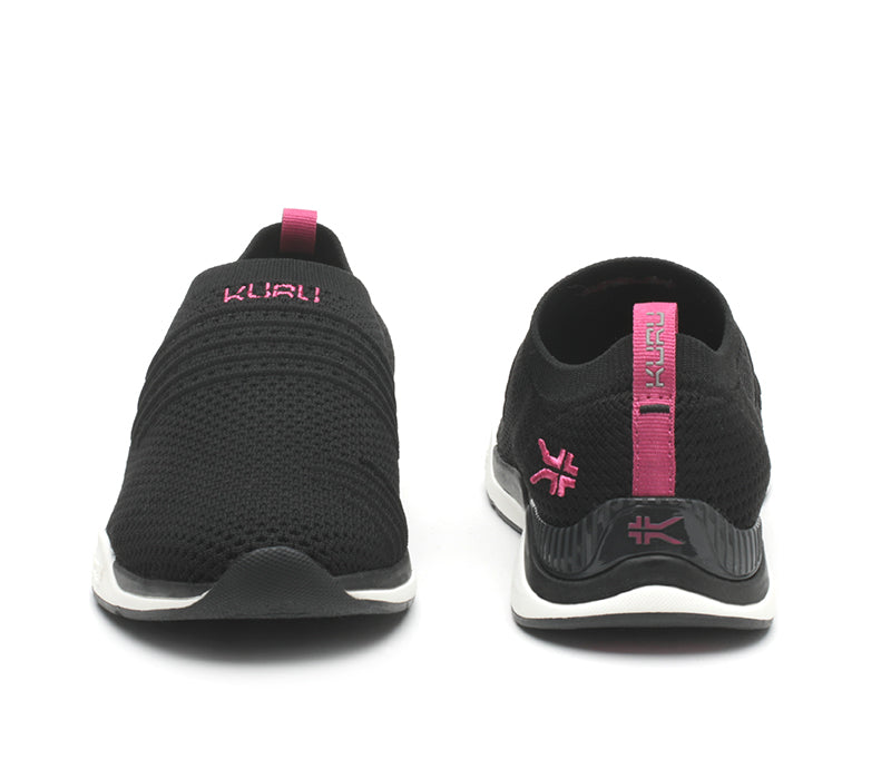 Front and back view on KURU Footwear STRIDE Women's Slip-on Sneaker in JetBlack-White-BerryPink