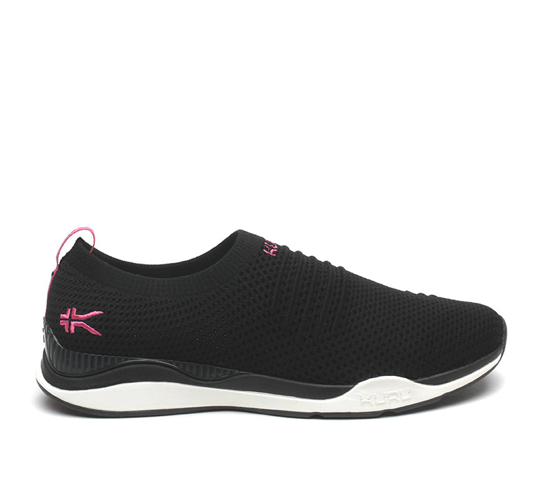 Outside profile details on the KURU Footwear STRIDE Women's Slip-on Sneaker in JetBlack-White-BerryPink