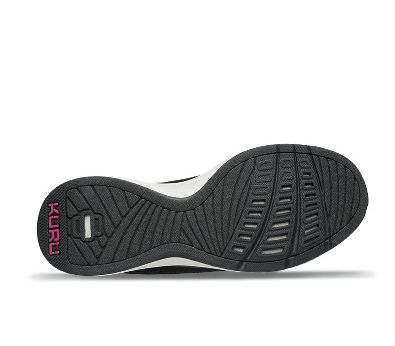 Detail of the sole pattern on the KURU Footwear STRIDE Women's Slip-on Sneaker in JetBlack-White-BerryPink