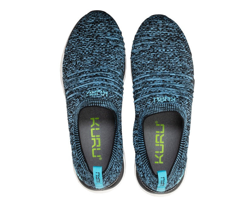 Top view of KURU Footwear STRIDE Women's Slip-on Sneaker in JetBlack-White-CalypsoBlue