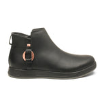 Outside profile details on the KURU Footwear TEMPO Women's Ankle Boot in JetBlack-RoseGold