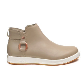 Outside profile details on the KURU Footwear TEMPO Women's Ankle Boot in TaupeGray-RoseGold