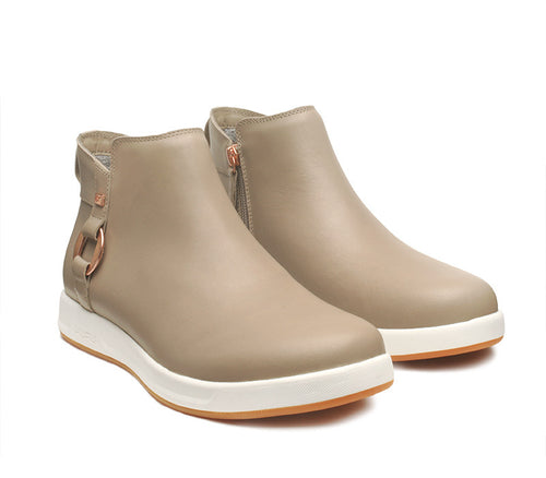 Side by side view of KURU Footwear TEMPO Women's Ankle Boot in TaupeGray-RoseGold