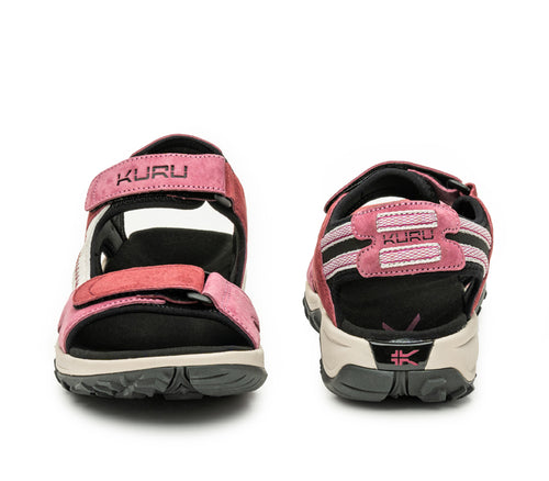 Front and back view on KURU Footwear TREAD Women's Sandals in Merlot-Almond