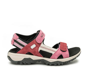 Outside profile details on the KURU Footwear TREAD Women's Sandals in Merlot-Almond